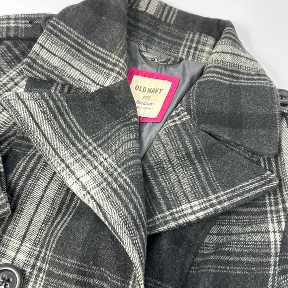 Old Navy Women’s Sz M Wool Blend Gray Plaid Double Breasted Jacket Pea Coat V1 - Picture 3 of 6